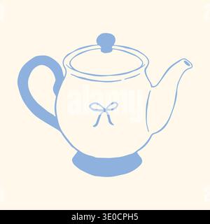 Hand drawn teapot with bow detail in minimal Mediterranean style. Blue line vector of classic tea kettle. Cozy kitchen object for tea branding, cafe Stock Vector
