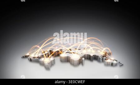 A world map and a complexly intertwined information and communication network, a concept of a future industrial global network. Stock Photo