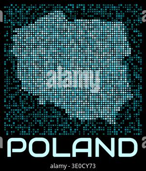Poland digital dotted map. Shape of the country in cyan color palette on dark background. Futuristic Poland map design. Vector illustration. Stock Vector