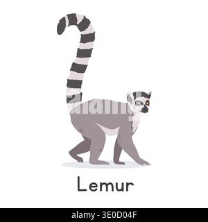 Ring-tailed lemur vector illustration, cartoon clipart character, animal in flat style. Wild animals, wild creatures, wildlife concept. Lemur vector Stock Vector