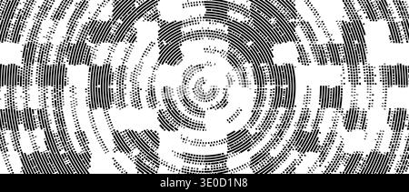 Abstract radial pixelated halftone pattern. Circular pixel explosion background. Rotating scattered dotted texture overlay bg. Fading square fragment wallpaper. Vector radial spinning backdrop Stock Vector