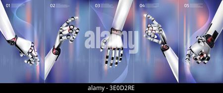 Variation of robot hands on a beautiful purple background Stock Vector