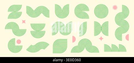 Green boho line element collection. Bohemian decorative wave and curve form set for badge, logo, card, poster, banner. Mid century geometric pink decor and zigzag objects. Vector wavy arc shapes Stock Vector