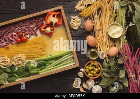 Collection of Various Pasta Types and Ingredients on a Dark Wooden Surface Ready for Cooking Stock Photo