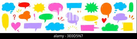 Speech crayon frame cute color set. Speech frame crayon hand drawn line pastel box balloon bubble cloud. Crayon child cartoon doodle talk chat text background decoration sketch. Vector illustration. Stock Vector