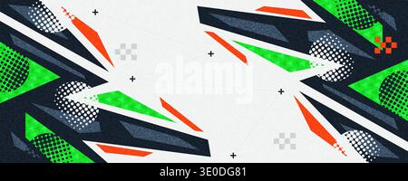 Modern Abstract Banner Design with Green, Navy, and Orange Geometric Shapes and Halftone Patterns on a White Background Stock Vector