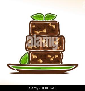 Vector logo for Brownie, heap of square yummy chocolate pieces with almond nuts, decorated leaves of mint on green plate Stock Vector