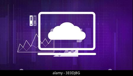 Displaying centered white laptop outline showing cloud icon on purple UI with server and charts Stock Photo