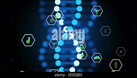 Displaying stylized DNA helix floating in futuristic backdrop, with green-accent hexagonal icons Stock Photo