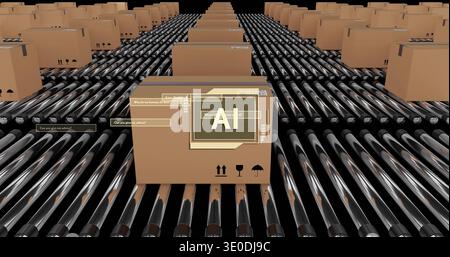 Displaying central cardboard box rolling on black rollers in depot with AI overlay, chat UI Stock Photo