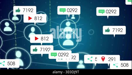 Displaying glowing central node holding two avatars in data network, with alert badges and binary Stock Photo