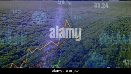 Displaying aerial green crop canopy overlaying farmland with multicolored charts and numeric labels Stock Photo