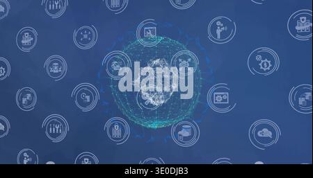 Displaying central wireframe globe pulsing with nodes on blue dashboard, with concentric ring icons Stock Photo