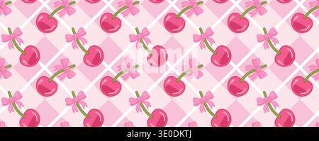 Cherry with bow and heart valentine pattern retro and pink cute vector. Argyle artwork seamless pattern with print illustration Stock Vector