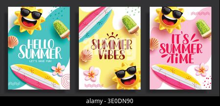 Summer greeting text abstract clipart poster set design. Hello Summer, Summer vibes and it's Summer time greeting in colorful abstract background Stock Vector