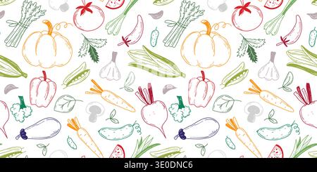 Loose drawing vegetable seamless pattern. White background with hand drawn colored silhouettes of different vegetables. Healthy organic food print Stock Vector