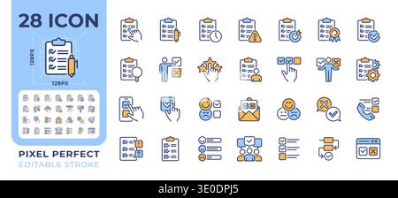 Survey pixel perfect line color icons set Stock Vector