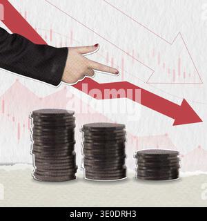 Collage showing financial analysis with hands and coins. Stock Photo