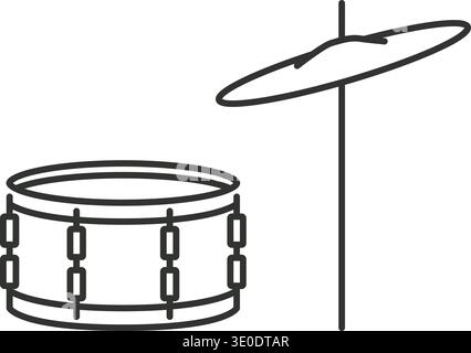 Line art illustration of a snare drum with a cymbal on a stand in a minimal style Stock Vector