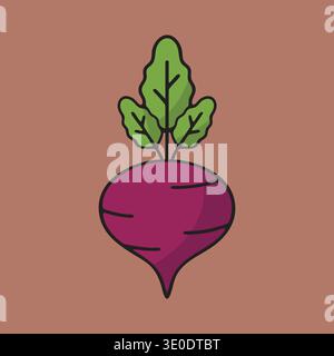 Flat illustration of a purple beet with green leaves on a brown background panel Stock Vector