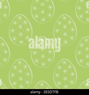 Seamless Pattern of Outline Easter Eggs with flower and dots decor Trendy White on green Spring Fond. Vector illustration Easter Greetings Thematic card background, media post, blog, leaflets, banners Stock Vector