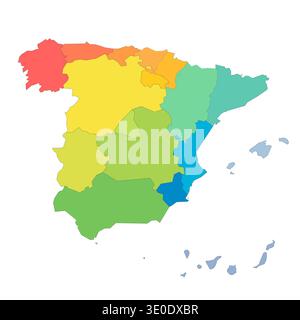 Spain political map of administrative divisions - autonomous communities and autonomous cities of Ceuta and Melilla. Rainbow spectrum colorful blank vector map. Stock Vector