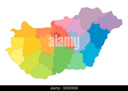 Hungary political map of administrative divisions - counties and autonomous city of Budapest. Rainbow spectrum colorful blank vector map. Stock Vector