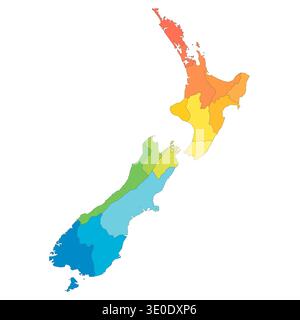 New Zealand political map of administrative divisions - regions. Rainbow spectrum colorful blank vector map. Stock Vector