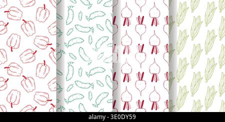 Vegetables set of seamless hand engraved patterns. Backgrounds with silhouettes of cucumbers, corn cobs, beets and paprika. Colored sketches of garden Stock Vector