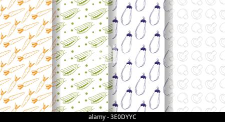 Set of seamless patterns with colored engraved vegetables. Backgrounds feature hand drawn champignons, carrots, eggplant, green peas. Gardening sketch Stock Vector