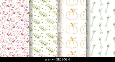 Set seamless patterns with colored engraved pumpkins, green peas, green onions and tomatoes. Hand drawn backgrounds with fresh healthy vegetables Stock Vector