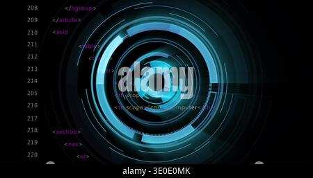 Vertical video: Rotating central HUD graphic pulsing on dark dashboard, showing magenta HTML column Stock Photo