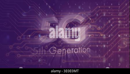 Glowing 3D 5G with 5th-Gen tag floating on purple circuit backdrop showing gold traces digits nodes Stock Photo