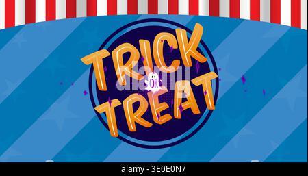 Displaying central circular badge showing TRICK OR TREAT text and ghost on blue striped banner Stock Photo