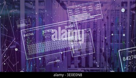 Displaying central server racks showing floating numeric panels inside data center aisle, with LEDs Stock Photo