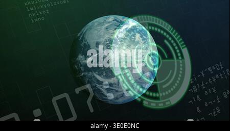 Displaying planet Earth with holographic HUD on dark grid plane, showing alphanumeric code Stock Photo
