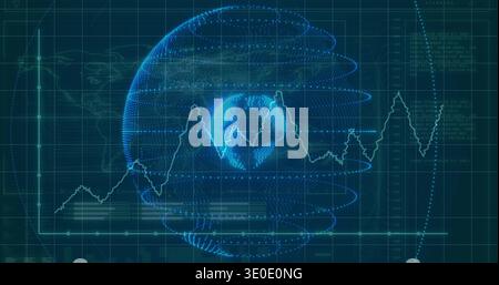 Displaying dotted 3D globe occupying center in teal HUD, with line graphs, grid and data columns Stock Photo