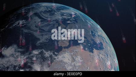 Partial Earth globe rotating, sunlight striking limb starting binary streams cascading showing data Stock Photo
