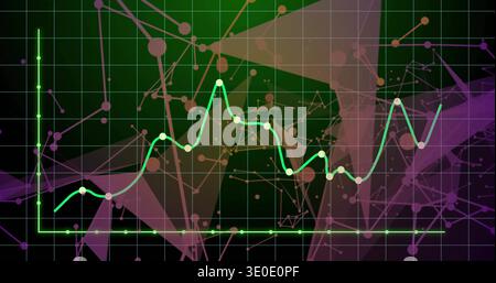 Displaying neon green line graph moving across dashboard, with Cartesian grid, neon axes, nodes Stock Photo