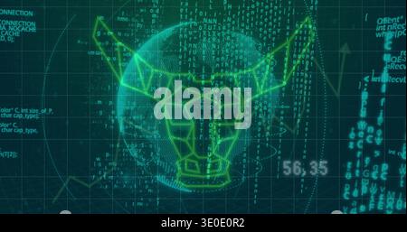 Displaying glowing wireframe bull head centered over dotted globe in virtual HUD, streaming code Stock Photo