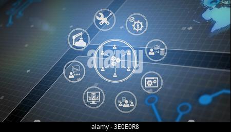 Displaying central network hub showing radial nodes on dashboard, with cloud factory and tools Stock Photo