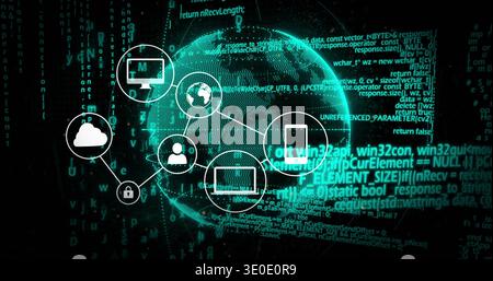 Displaying centered glowing globe linking white node icons and cascading code in cyberspace Stock Photo