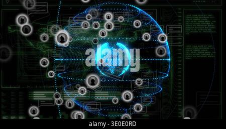 Visualizing central glowing Earth globe rotating in command hub display, with avatar nodes and HUD Stock Photo