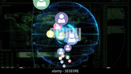 Showing central dotted globe with vertical avatar chain in HUD, displaying data connections Stock Photo