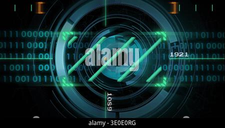 Displaying central circular HUD reticle on virtual panel with targeting frame, binary streams, 1921 Stock Photo