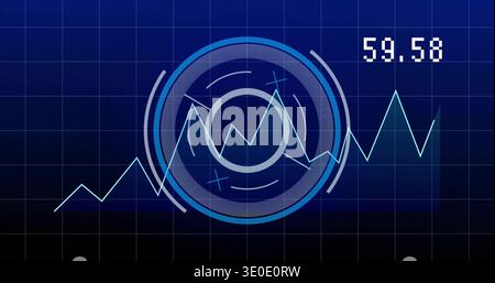Displaying central concentric HUD on virtual dashboard, showing neon cyan line chart, readout 59 Stock Photo