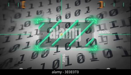 Displaying central panel showing three neon-green slashes in HUD with binary digits, yellow marker Stock Photo