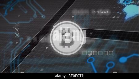 Rotating circular Bitcoin emblem hovering over virtual interface, with grid HUD panels and circuits Stock Photo
