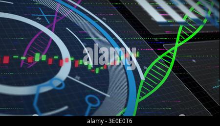 Displaying circular HUD over dark grid, showing floating green DNA helix and candlestick chart Stock Photo