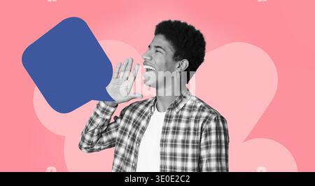 Young Man Smiling and Shouting in a Collage of Colorful Shapes and Patterns Stock Photo
